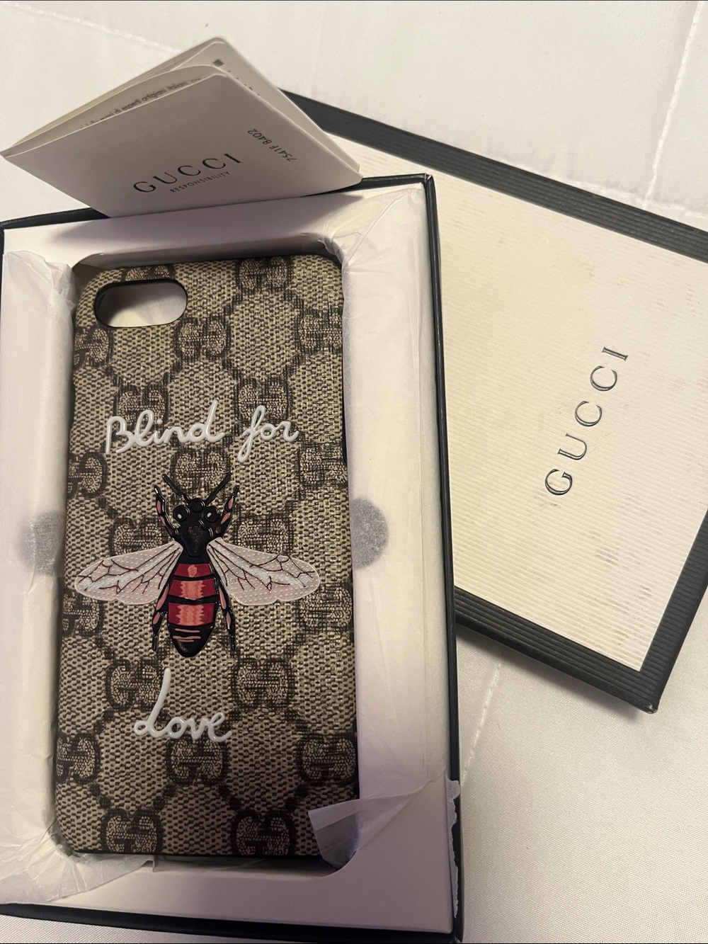 Gucci Beige & Brown GG Bee 'Blind for Love' Phone Case New in Box IPhone 7